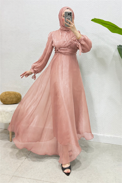 Ala Model Yandan Dolamalı Janjan Kumaş Tesettür Abiye- Somon