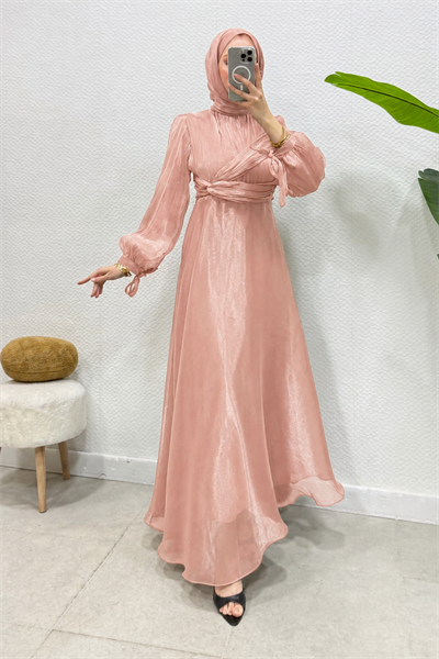 Ala Model Yandan Dolamalı Janjan Kumaş Tesettür Abiye- Somon