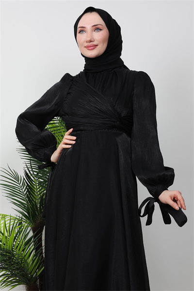 Ala Model Yandan Dolamalı Janjan Kumaş Tesettür Abiye- Siyah