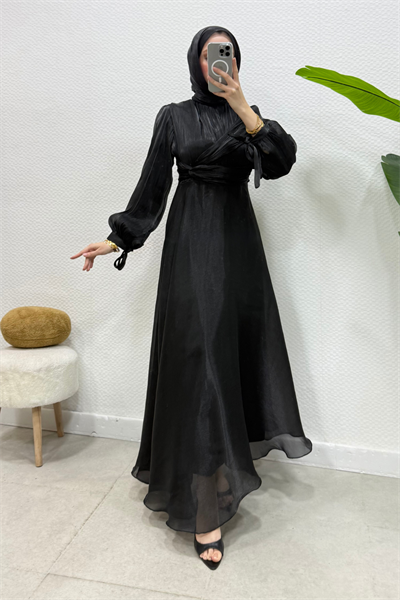 Ala Model Yandan Dolamalı Janjan Kumaş Tesettür Abiye- Siyah