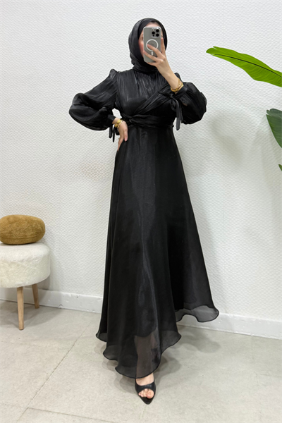 Ala Model Yandan Dolamalı Janjan Kumaş Tesettür Abiye- Siyah