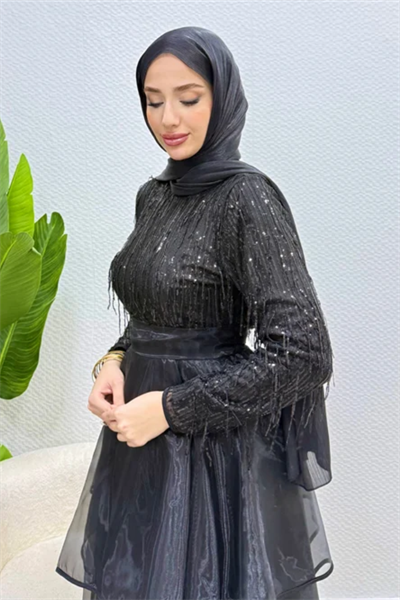 Alvera Payet Püsküllü Tül Tesettür Abiye- Siyah