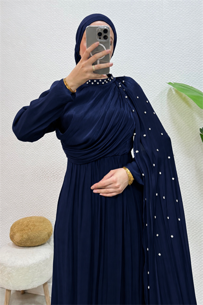Bergüz Pelerinli Janjan Kumaş Astarlı Tesettür Abiye- Lacivert