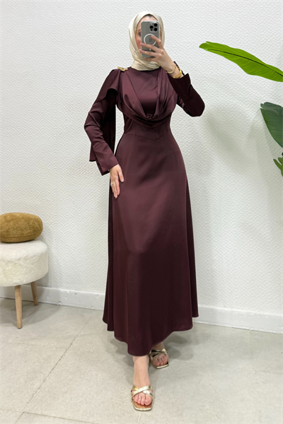 Bonna Broşlu Saten Tesettür Abiye- Mürdüm