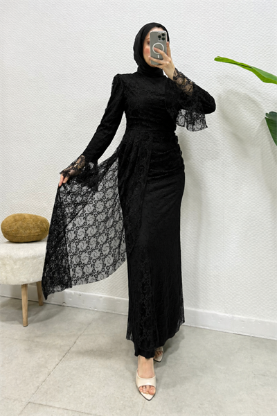 Cavisa İspanyol Kol Dantel Kumaş Astarlı Tesettür Abiye- Siyah