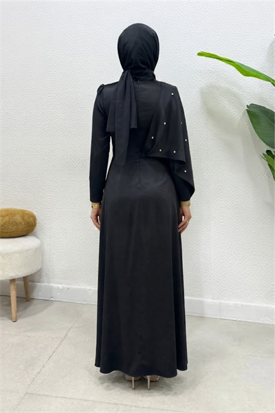 Hüma Taşlı Broşlu Beg Saten Kumaş Tesettür Abiye- Siyah