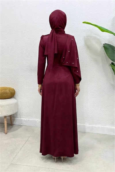 Hüma Taşlı Broşlu Beg Saten Kumaş Tesettür Abiye- Bordo
