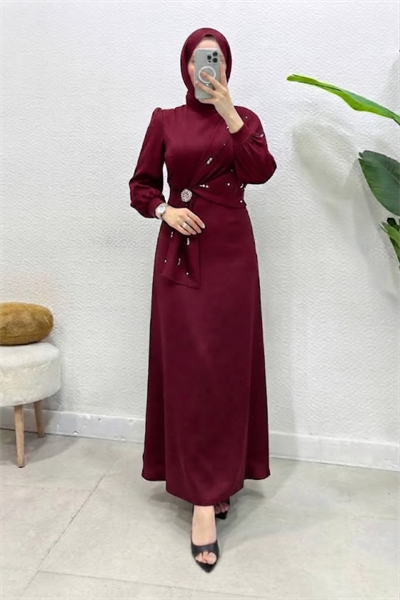 Hüma Taşlı Broşlu Beg Saten Kumaş Tesettür Abiye- Bordo