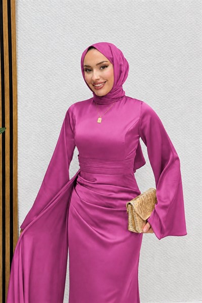 Kadın Arabella Pelerinli Saten Balık Abiye-Pembe