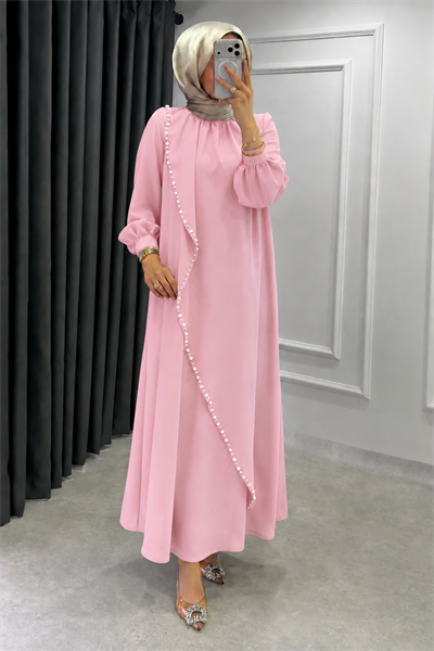 Krep Kumaş Kenarları Taş İşlemeli Nazende Elbise- Şeker Pembe