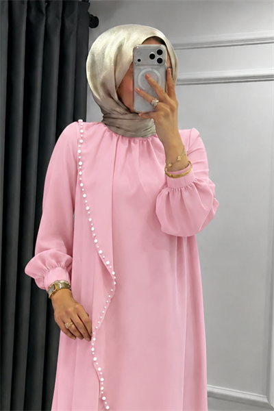 Krep Kumaş Kenarları Taş İşlemeli Nazende Elbise- Şeker Pembe