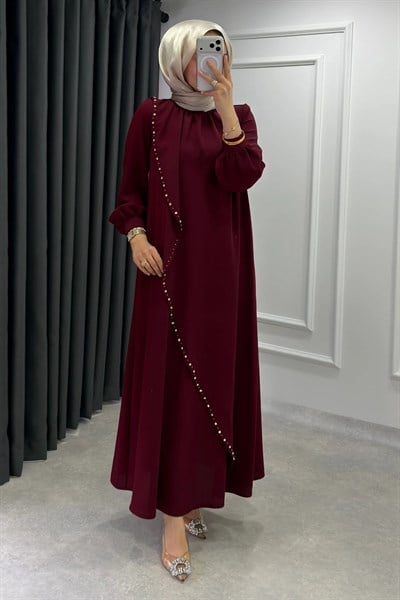 Krep Kumaş Kenarları Taş İşlemeli Nazende Elbise- Bordo
