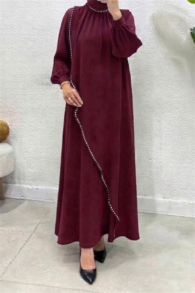 Krep Kumaş Kenarları Taş İşlemeli Nazende Elbise- Bordo