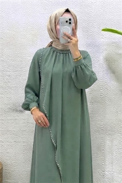 Krep Kumaş Kenarları Taş İşlemeli Nazende Elbise- Mint Yeşili