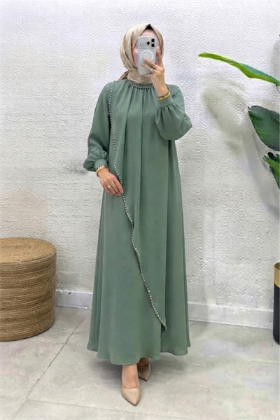 Krep Kumaş Kenarları Taş İşlemeli Nazende Elbise- Mint Yeşili