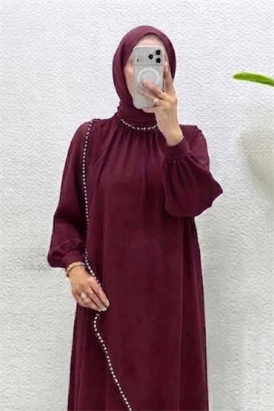 Krep Kumaş Kenarları Taş İşlemeli Nazende Elbise- Bordo