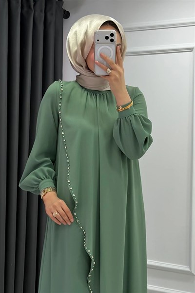 Krep Kumaş Kenarları Taş İşlemeli Nazende Elbise- Mint Yeşili