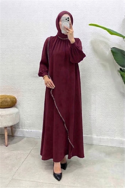 Krep Kumaş Kenarları Taş İşlemeli Nazende Elbise- Bordo