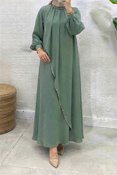 Krep Kumaş Kenarları Taş İşlemeli Nazende Elbise- Mint Yeşili