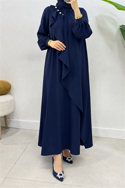 Krep Kumaş Yakası İnci Detaylı Levanur Elbise- Lacivert