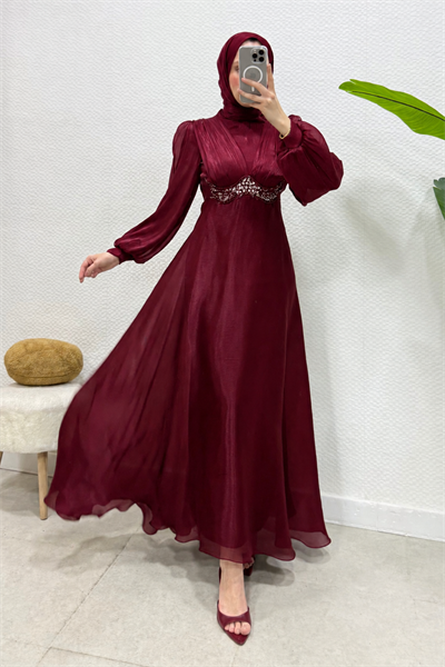 Mosera Janjan Kumaş Beli Taşlı Tesettür Abiye- Bordo