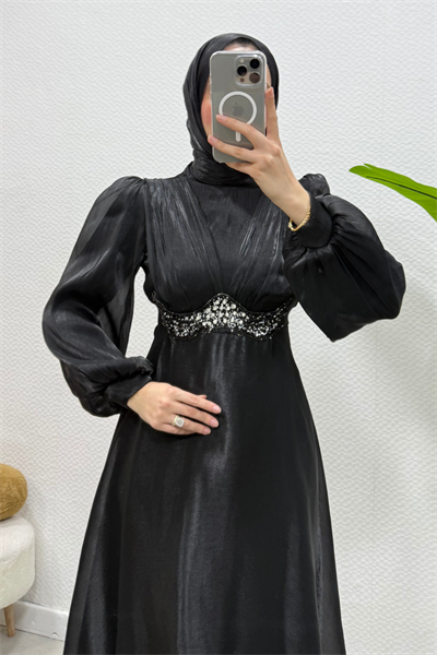 Mosera Janjan Kumaş Beli Taşlı Tesettür Abiye- Siyah