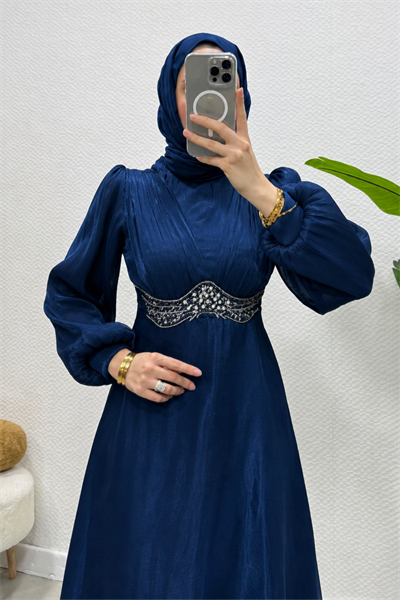 Mosera Janjan Kumaş Beli Taşlı Tesettür Abiye- Lacivert