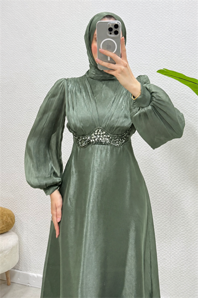 Mosera Janjan Kumaş Beli Taşlı Tesettür Abiye- Haki