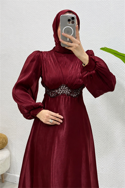 Mosera Janjan Kumaş Beli Taşlı Tesettür Abiye- Bordo