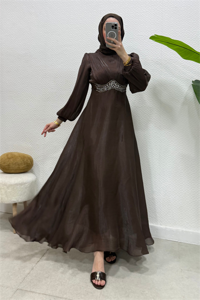 Mosera Janjan Kumaş Beli Taşlı Tesettür Abiye- Acı Kahve