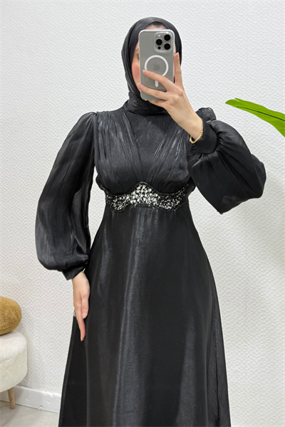 Mosera Janjan Kumaş Beli Taşlı Tesettür Abiye- Siyah