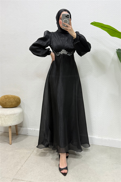 Mosera Janjan Kumaş Beli Taşlı Tesettür Abiye- Siyah