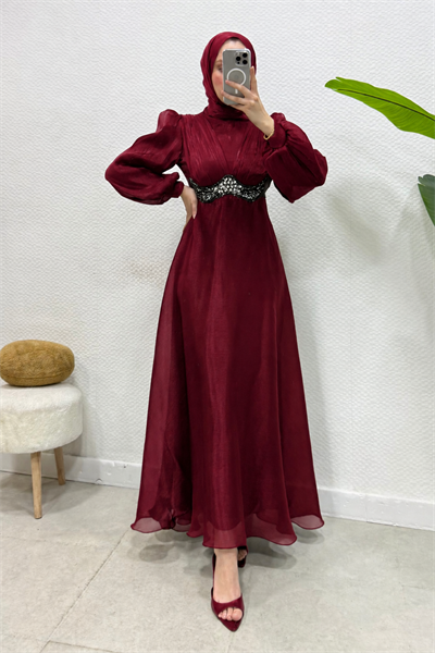 Mosera Janjan Kumaş Beli Taşlı Tesettür Abiye- Bordo