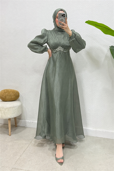 Mosera Janjan Kumaş Beli Taşlı Tesettür Abiye- Haki