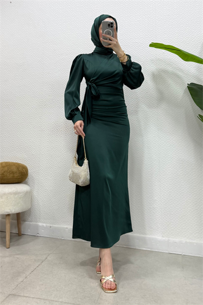 Roya Model Yandan Bağlamalı Saten Abiye-Zümrüt