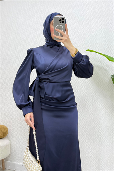 Roya Model Yandan Bağlamalı Saten Abiye-Lacivert