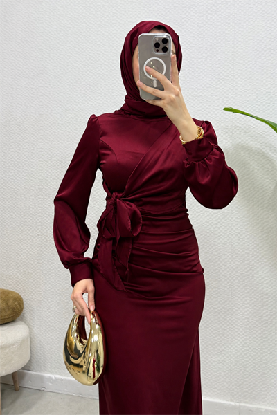 Roya Model Yandan Bağlamalı Saten Abiye-Bordo