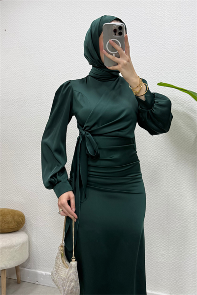 Roya Model Yandan Bağlamalı Saten Abiye-Zümrüt