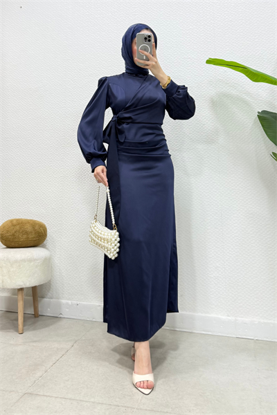 Roya Model Yandan Bağlamalı Saten Abiye-Lacivert