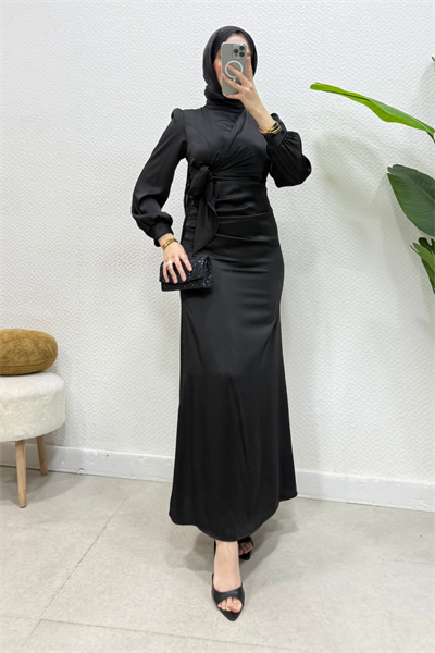 Roya Model Yandan Bağlamalı Saten Abiye-Siyah