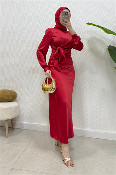 Roya Model Yandan Bağlamalı Saten Abiye-Kırmızı