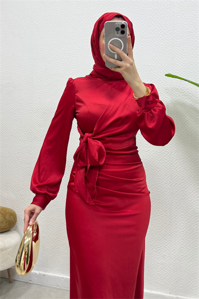 Roya Model Yandan Bağlamalı Saten Abiye-Kırmızı