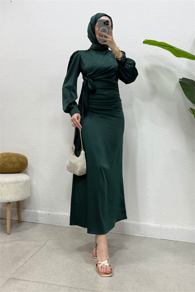 Roya Model Yandan Bağlamalı Saten Abiye-Zümrüt