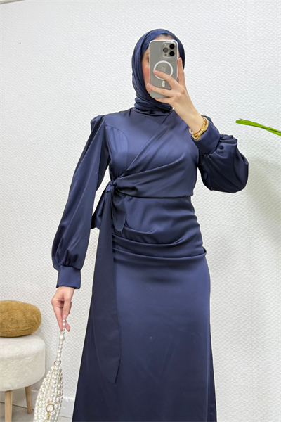 Roya Model Yandan Bağlamalı Saten Abiye-Lacivert