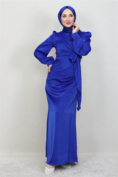 Roya Model Yandan Bağlamalı Saten Abiye-Saks Mavi