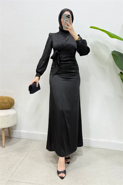 Roya Model Yandan Bağlamalı Saten Abiye-Siyah