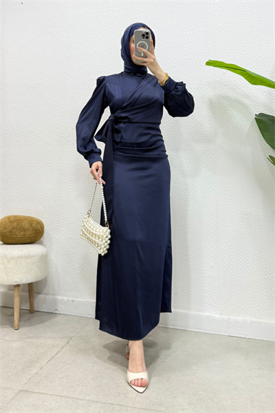 Roya Model Yandan Bağlamalı Saten Abiye-Lacivert