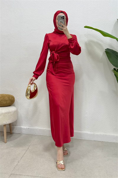 Roya Model Yandan Bağlamalı Saten Abiye-Kırmızı
