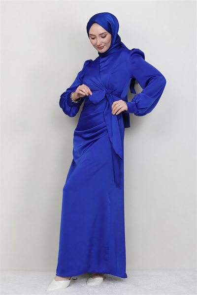 Roya Model Yandan Bağlamalı Saten Abiye-Saks Mavi