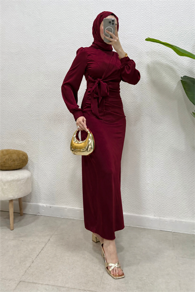 Roya Model Yandan Bağlamalı Saten Abiye-Bordo